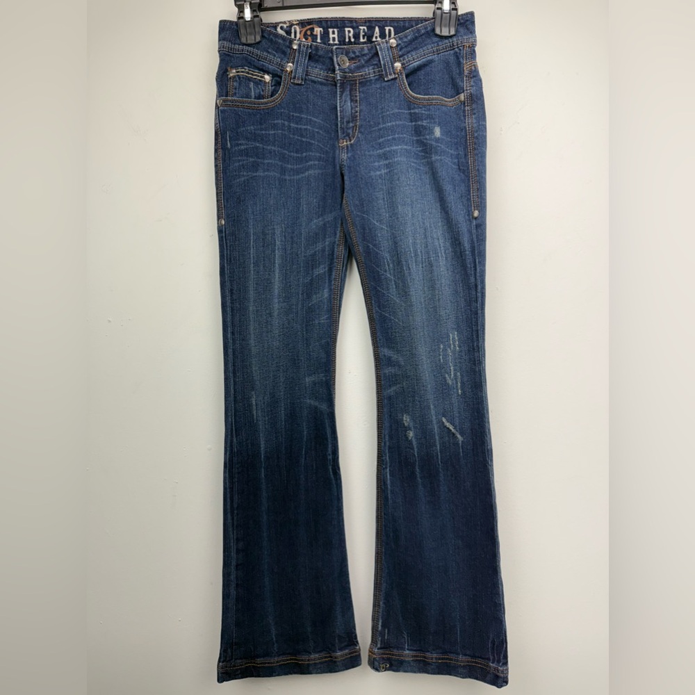 Southern Thread Sz 30 Long Women’s Blue Distressed Denim Low Rise Bootcut Jeans